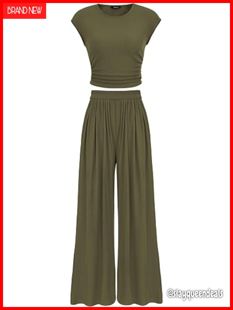 Women's 2 Piece Outfits Cap Sleeve Ruched Slim T Shirt Ribbed Knit Wide Leg